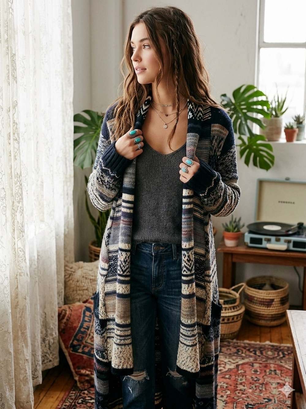 Free People Yesterday's Smile Long Fair Isle
Knit Cardigan Duster Sweater Small